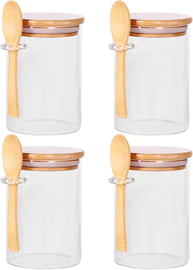CZFWin 4 Pack Glass Containers with Lids and Spoons, Overnight Oat Container with Lids Glass, Oatmeal Jar with Spoons, Meal Prep Jars for Yogurt, Chia Pudding (Round 4PCS)