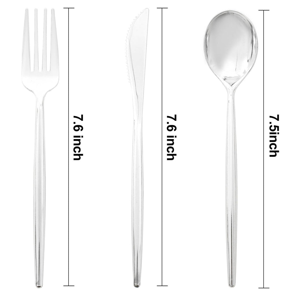 LIYH 102 Pcs Silver Plastic Silverware - Heavyduty Plastic Cutlery Set Disposable Utensils Flatware Set Knives Forks Spoons Disposable Cutlery Mothers Day
