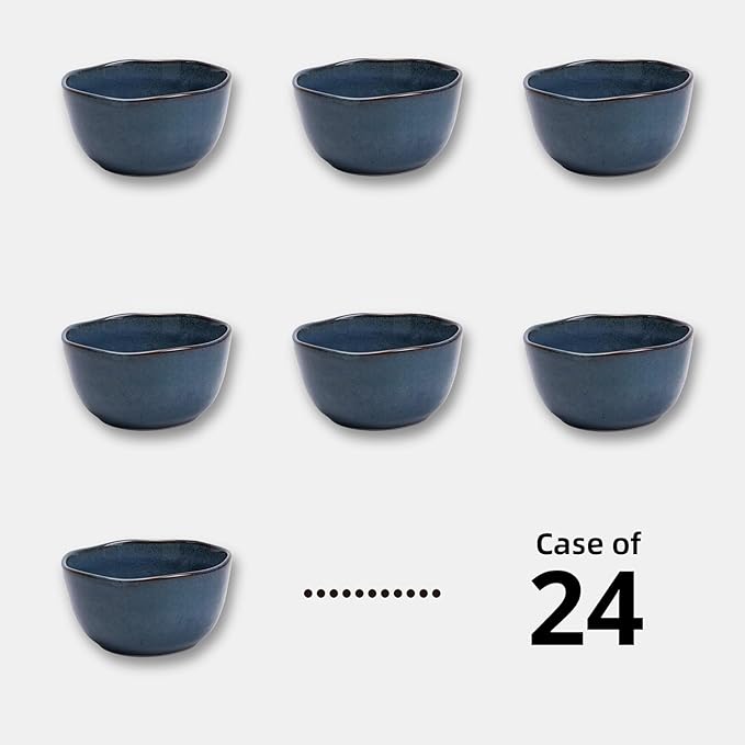 Organic Shape Highland Ceramic Cereal Bowl, 24pcs 5.5 Inch Handmade Reactive Glaze Stoneware Rice bowl with Wavy Edge, for Kitchen, Microwave & Dishwasher Safe, Scratch Resistant-Blue
