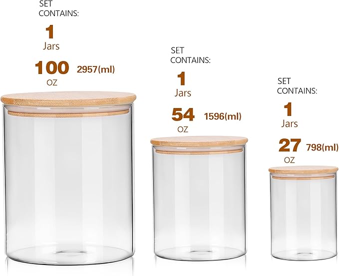Wnaraa Glass Flour Storage Containers with Lids, Glass Jars with Bamboo Lids, Large Food Storage Jar, Sugar, Pantry Storage Container for Pasta Rice Flour Oats Nuts Tea Spice (Round 27oz+54oz+100oz)