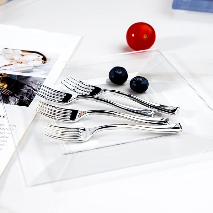 WDF 300 Pieces Silver Mini Forks 4 Inches Silver Appetizer forks Forks Plastic Tasting Forks Perfect for Weddings Small Appetizers and Desserts