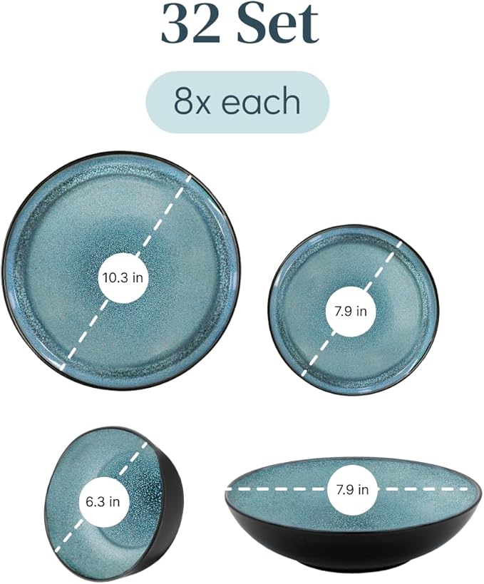 32 Piece Stoneware Dinnerware Set for 8 - Handmade Reactive Glaze Plates and Bowls Set - Chip & Scratch Resistant Dish Set - Dishwasher Microwave Safe - Dark Petrol Blue