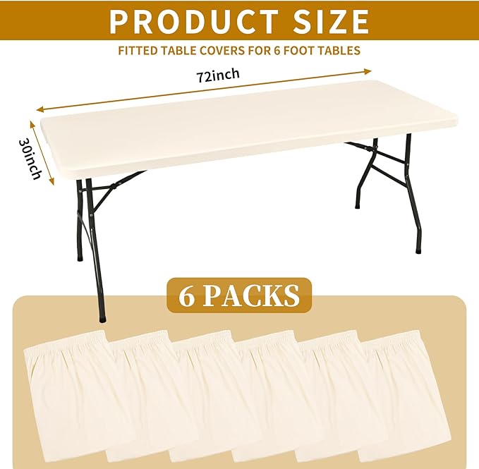 REWOMC 6 Pack Stretch Fabric Table Top Cap Cover, fits 6' Tables, Spandex Table Covers Washable Elastic Rectangle Tablecloth Protector for Indoor Outdoor Party Picnic Wedding, Ivory, 30" W x 72" L