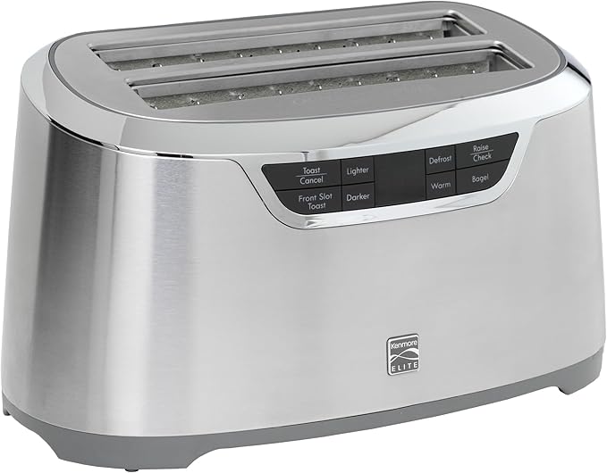 Kenmore Elite 4-Slice Long Slot Toaster Silver, One-Touch Auto-Lift, Stainless Steel, Adjustable Browning, Defrost, Digital Countdown Timer, Retractable Cord, Toast, Bagels, Waffles, English Muffins