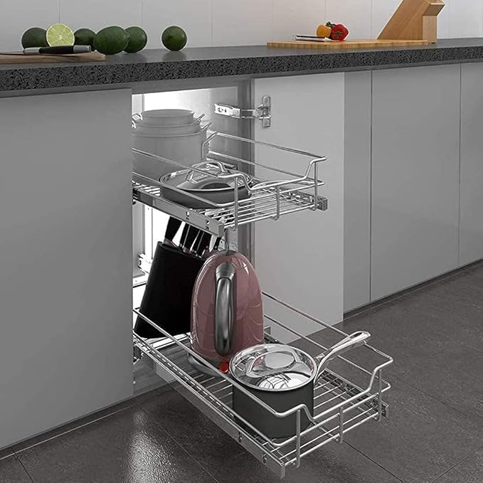 2 Tier Pull Out Cabinet Organizer 15" W X 22" D, Chromed, Full Slide Out