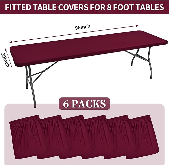 REWOMC 6 Pack Stretch Fabric Table Top Cap Cover, fits 8' Tables, Spandex Table Covers Washable Elastic Rectangle Tablecloth Protector for Indoor Outdoor Party Picnic Wedding, Wine Red, 30" W x 96" L