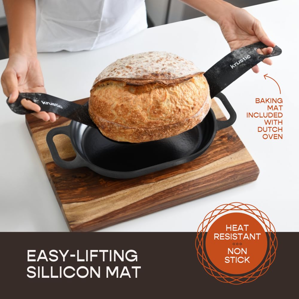 Krustic Enameled Cast Iron Dutch Oven for Professional Sourdough Bread Baking | 5.5 Quart Loaf Size Oval Cookware Pot with Lid | Triple-Layer Enamel Coating Pan with Non Stick Silicone Mat | Black