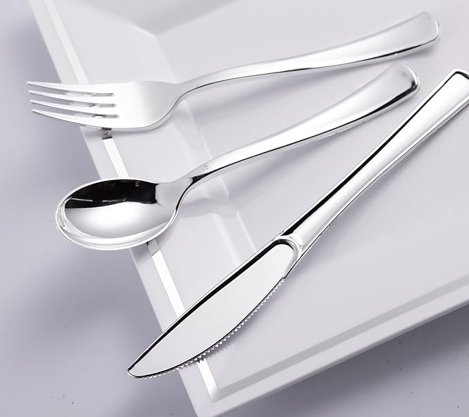 N9R 300PCS Silver Plastic Silverware, Disposable Utensils & Cutlery