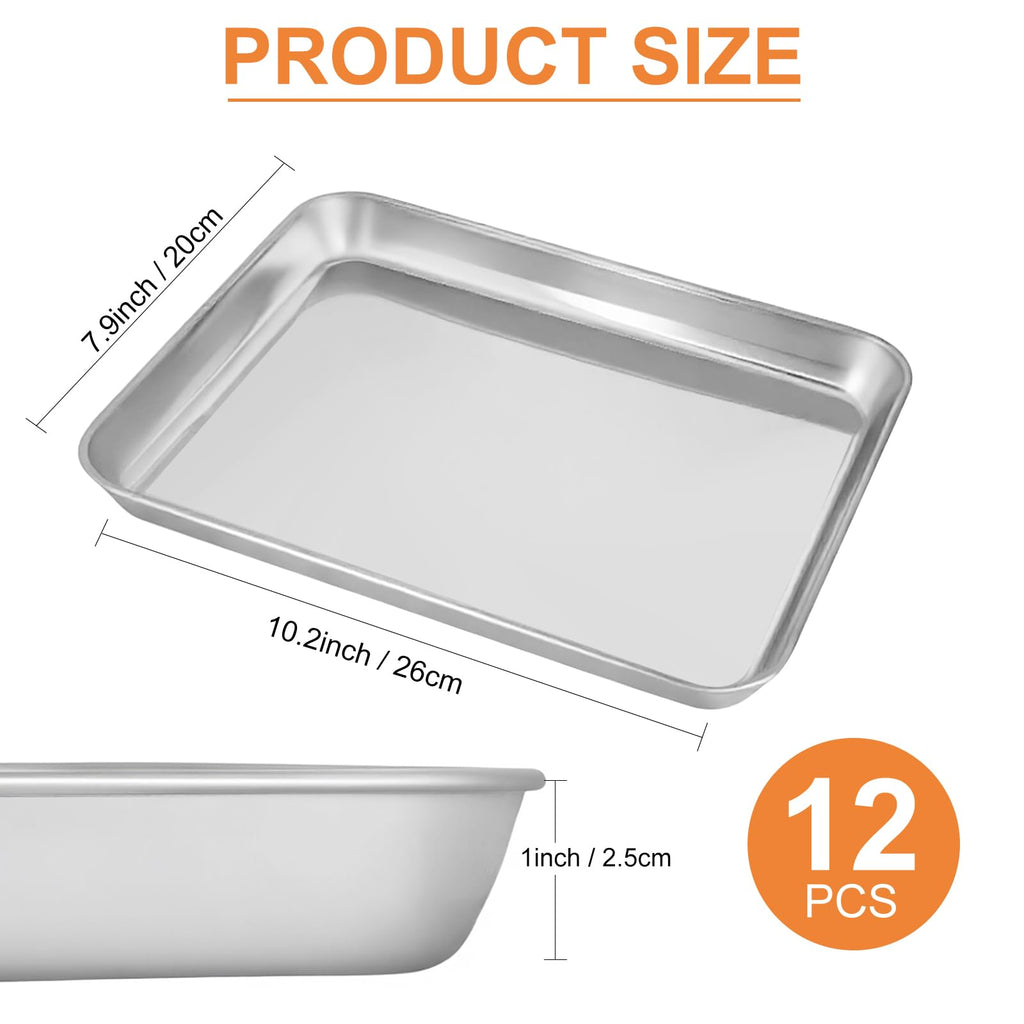 12PCS Stainless Steel 1/8 Sheet Pan, Nonstick Small Cookie Sheet, Small Baking Pans, Toaster Oven Pans, Metal Tray, Stainless Steel Cookie Sheets For Baking, Oven And Dishwasher Safe