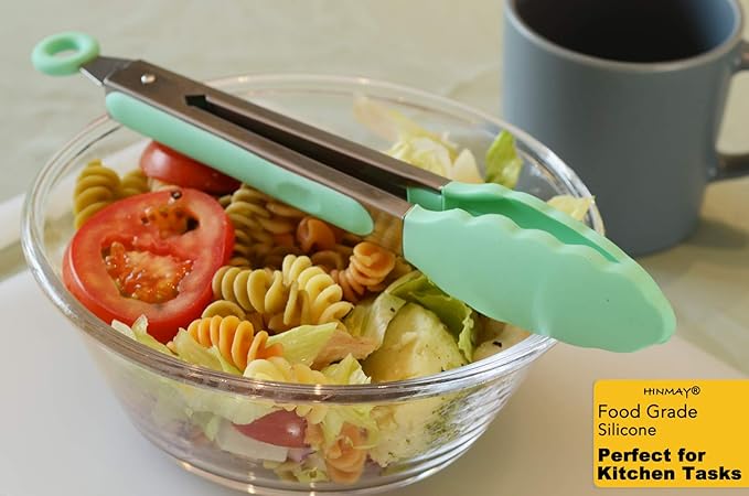 HINMAY 9" Kitchen Cooking Tongs with Silicone Tips, Set of 3 (Mint)