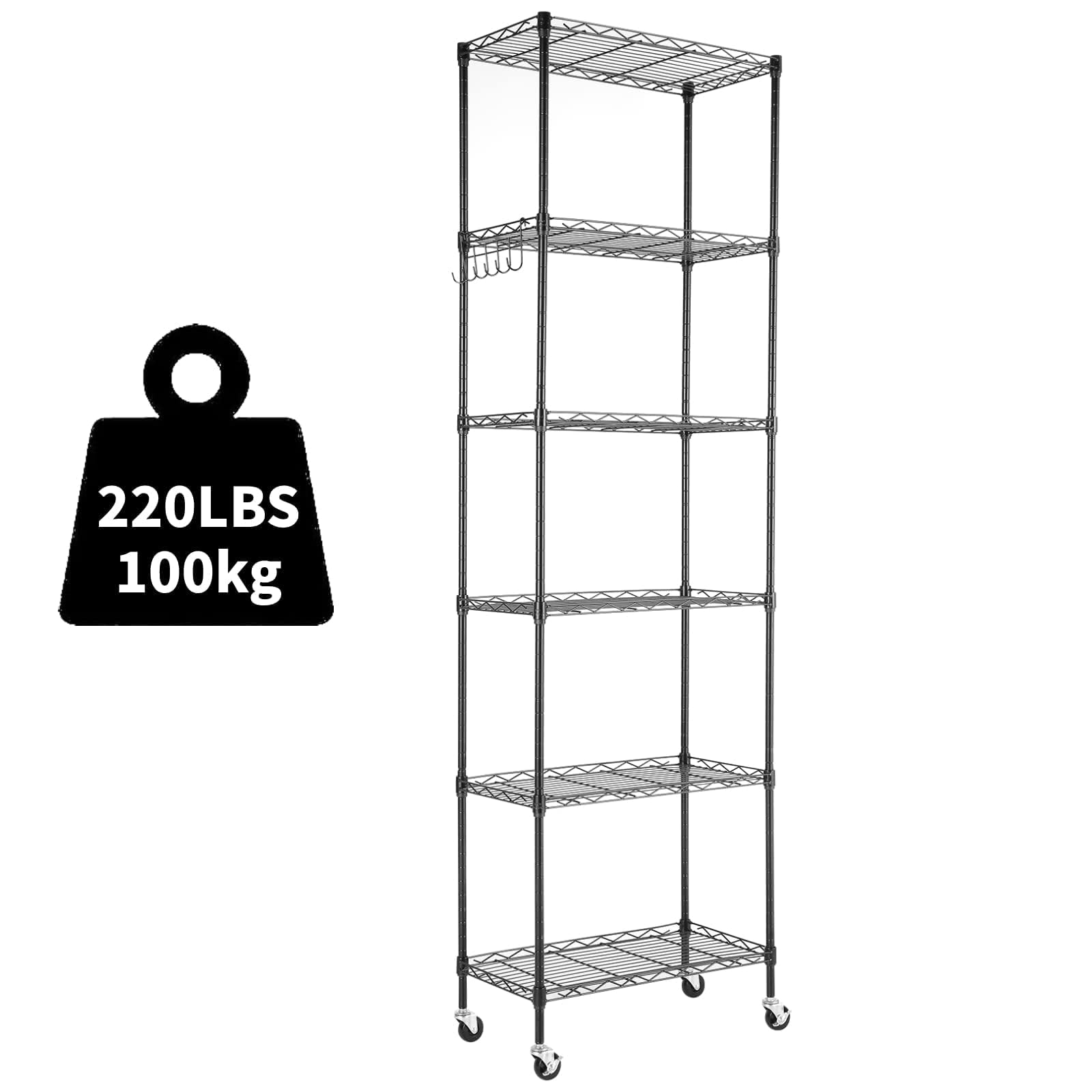 Himimi 6-Tier Storage Shelf Units, Adjustable Wire Shelving with Wheels, Metal Shelves with Stainless Side Hooks, Free Standing Shelving for Laundry Bathroom Kitchen Pantry Closet, Black