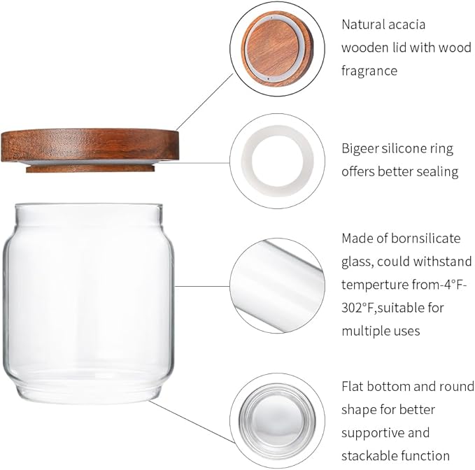 Homtop 15 OZ Glass Jars with Airtight Acacia Wood Lids, 4 PCS
