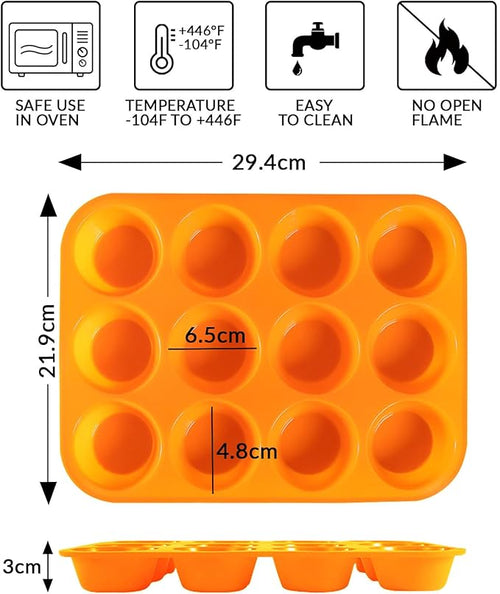 12 Cups Silicone Muffin Pan, Nonstick Cupcake Pan, Heat Resistant Silicone Muffin Tin, Reusable Cupcake Moulds Baking Pan for Cakes, Bread (Orange-2 Packs)