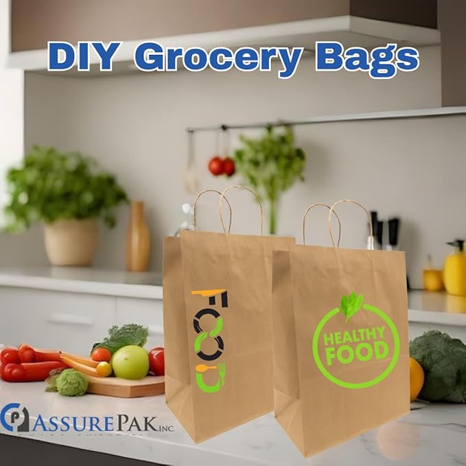 ASSUREPAK Kraft DIY Paper Bags, 12" x 9" x 16", 110 GSM, 200 Count