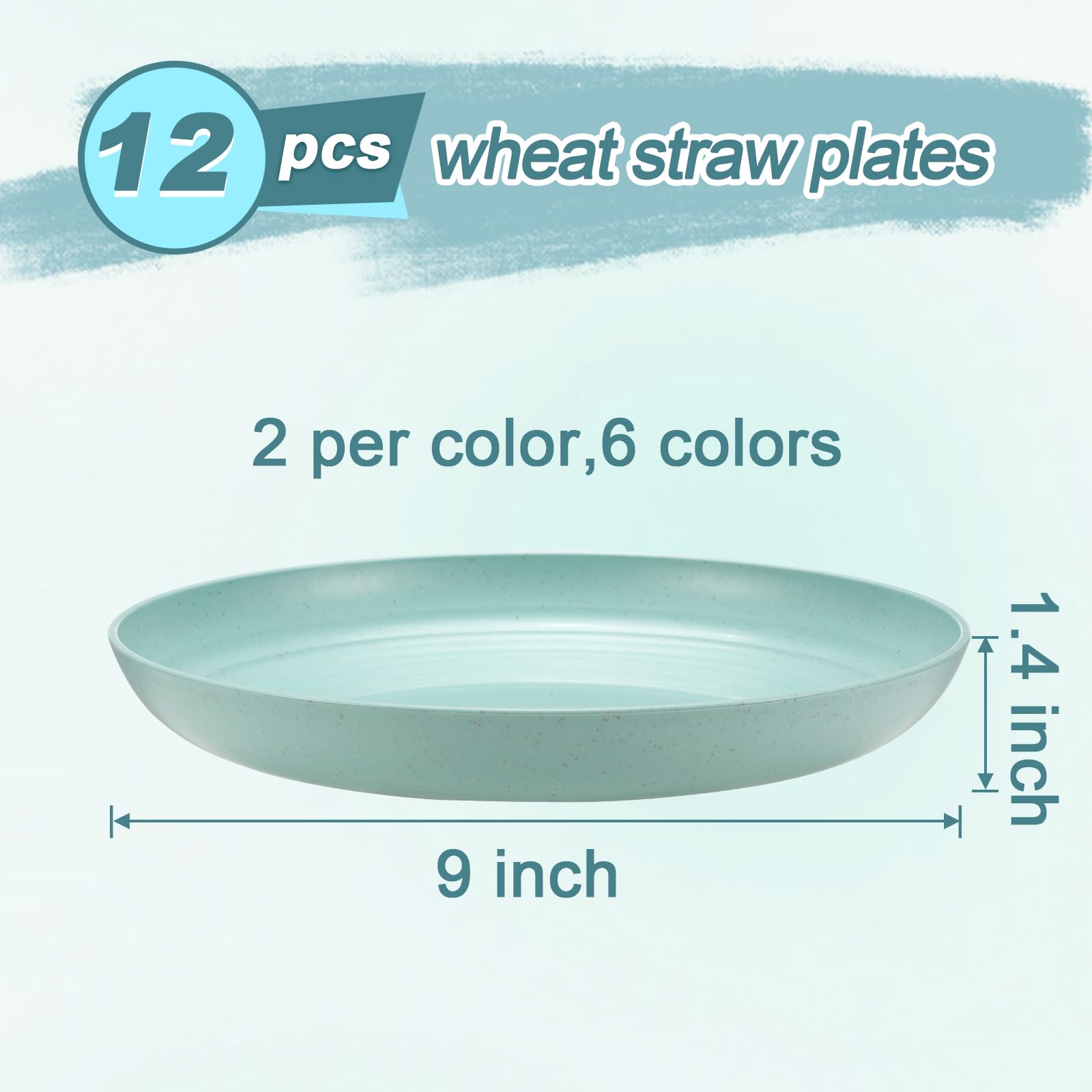HEYCOME 12 Pcs Unbreakable Deep Dinner Plates Set, 9 inch Reusable Plastic Wheat Straw Plates, Microwave and Dishwasher Safe Plate for Kitchen, Lightweight Plate for Dessert, BPA Free, 6 Colors