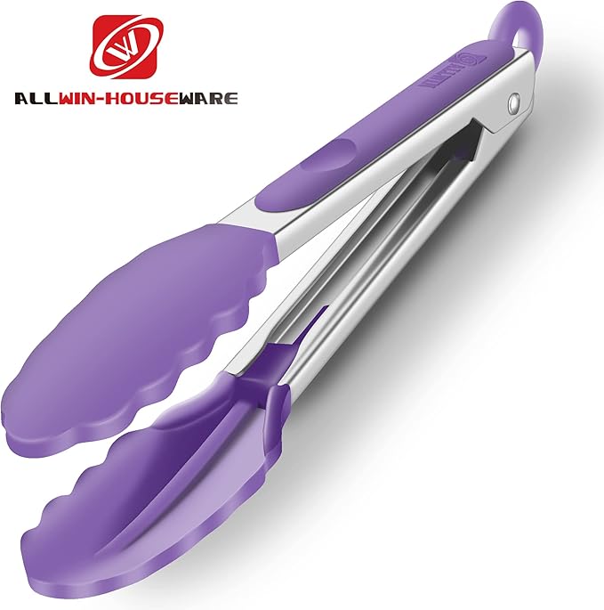 2 Pack Silicone Kitchen Tongs – 9" & 12" Set, Heat Resistant up to 500°F, Non‑Stick Cookware Safe, Wavy Silicone Tips, BPA Free, Locking Clip & Hanging Loop, Purple