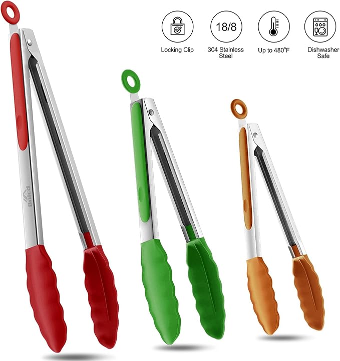 Bnlcd Good Grip Cooking Tongs with Silicone Tips, Set of 3-7" 9" and 12"