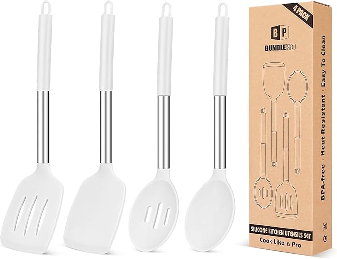 Pack of 4 Silicone Cooking Utensils Set, Non Stick Large Solid Spatulas, Heat Resistant Gray Slotted Spoons, Ideal BPA Free Kitchen Turners for Frying, Mixing,Serving,Draining,Turning,Stirring