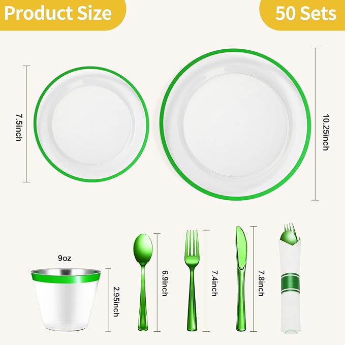 Goodluck 350 Pcs Clear Green Disposable Plastic Dinnerware Sets for 50