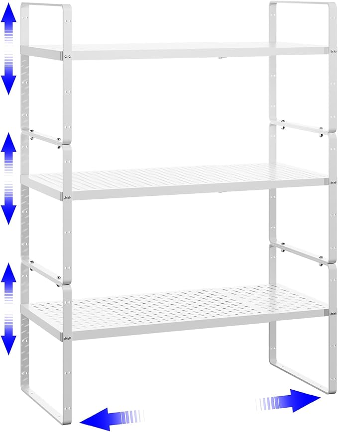 KIKIBRO Expandable Kitchen Shelf Organizers, Kitchen Cabinet Organizer Stand Rack Organization for Countertop Cupborad Pantry, White 3 Pack