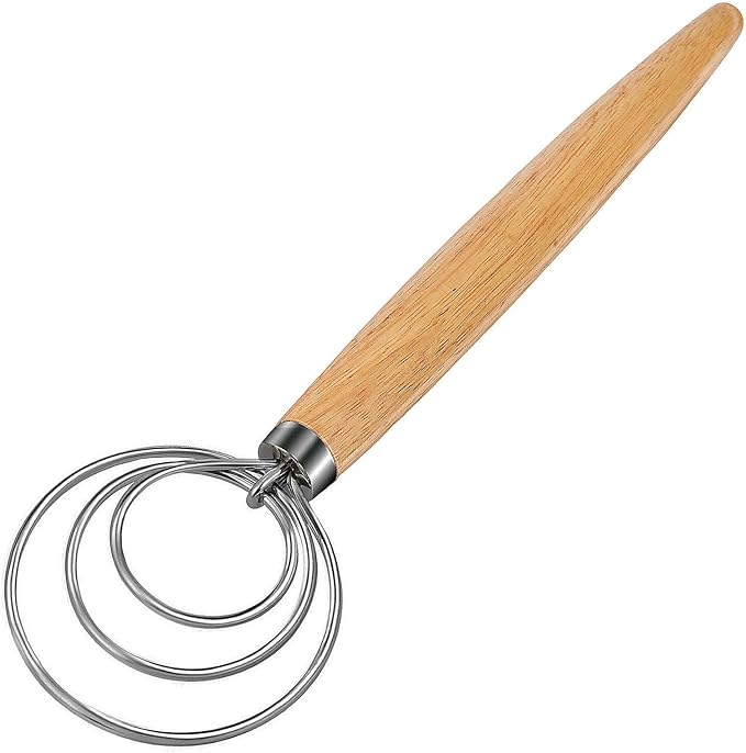 ANMIOU Danish Dough Whisk Dutch Bread Mixer Stainless Steel Hook Wooden Handle Baking Tools for Sourdough Pizza Pastry Cake Batter Making