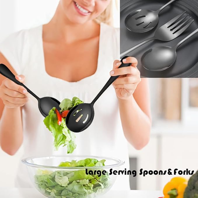 IAXSEE 6 PCS Stainless Steel Serving Utensils, Large Serving Spoons Slotted Spoons, Forks, Ice Suger Tongs, Cake Server, Soup Ladle, Metal Utensils Set Great for Buffet Catering Banquet Party, Black