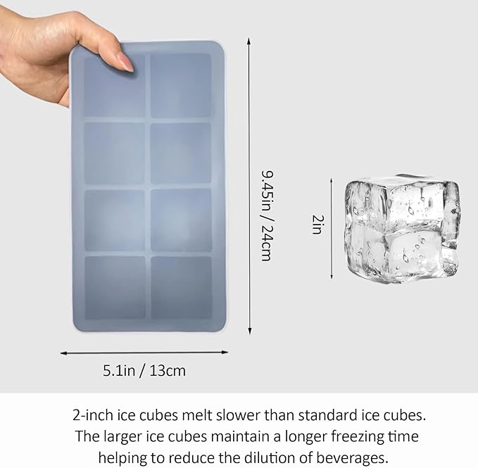 2 Pack Silicone 2 Inch Large Ice Cube Molds for Cocktails Wine Fruit and Bourbon Whiskey Easy Release Ice Cube Tray with Lid Ideal for Cold Drinks and Entertaining Gatherings