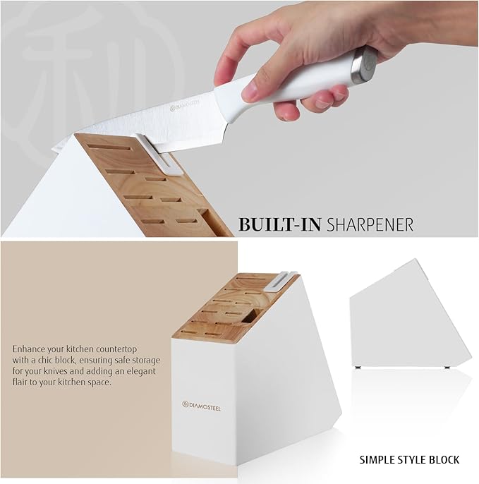 White Knife Set, 13 Pieces Knife Block Set with Built-in Sharpener
