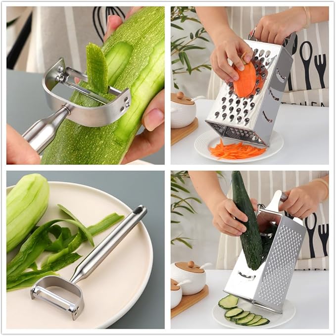 TEAHAHA 4 Sides Box Grater For Kitchen,Stainless Steel Cheese Grater With Handle,Multi-Function Vegetable Slicer Food Shredder For Chees,Ginger,Vegetables,Dishwasher Safe, Silver
