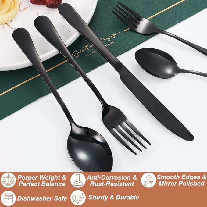 20 Pcs Black Silverware Set for 4, Food Grade Stainless Steel Flatware Set, Eating Utensils Sets Include Fork/Knife/Spoon, Reusable Cutlery Set for Home Kitchen, Dishwasher Safe, Round Edge