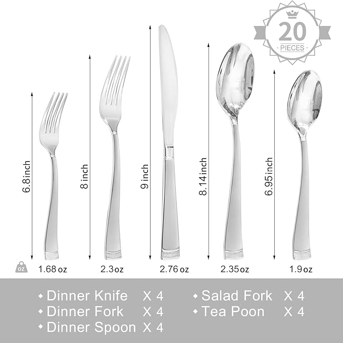 KINGSTONE 20-Piece Flatware Set, 18/10 Stainless Steel Silverware Set for 4