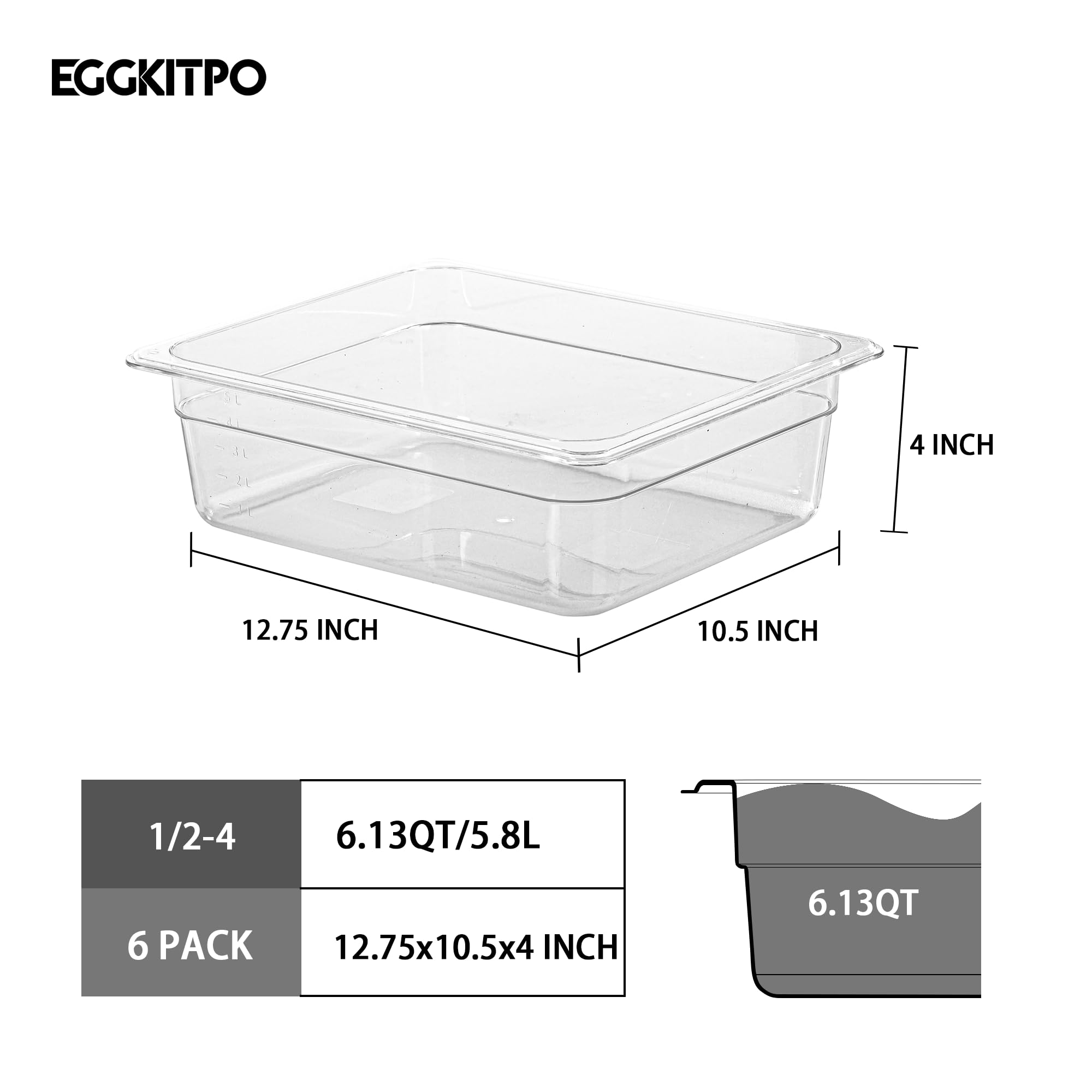 EGGKITPO 6-Pack 1/2 Size Clear Food Pan 4 Inch Deep Hotel Pan for Party and Catering BPA-free Polycarbonate Food Storage Container Stackable Freezer-safe