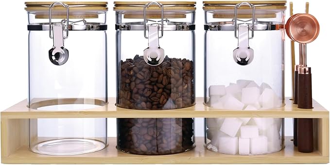 Matifaner Glass Coffee Storage Containers with Bamboo Shelf,Ground Coffee Holder Jars,Airtight Glass Countertop Storage Jar Canisters with Spoon for Coffee,Loose Tea,40 Fluid-oz,Pack of 3