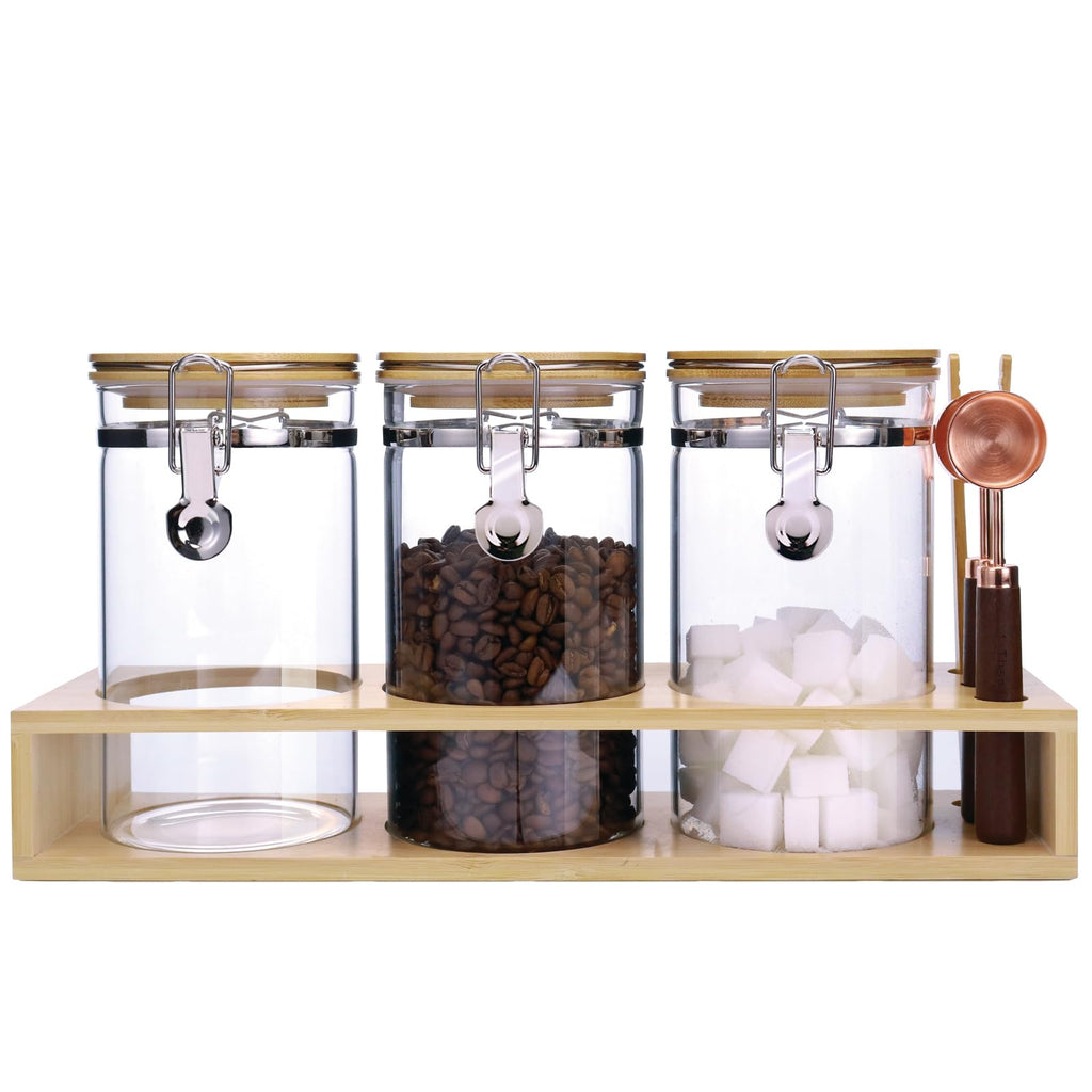 Matifaner Glass Coffee Storage Containers with Bamboo Shelf,Ground Coffee Holder Jars,Airtight Glass Countertop Storage Jar Canisters with Spoon for Coffee,Loose Tea,40 Fluid-oz,Pack of 3