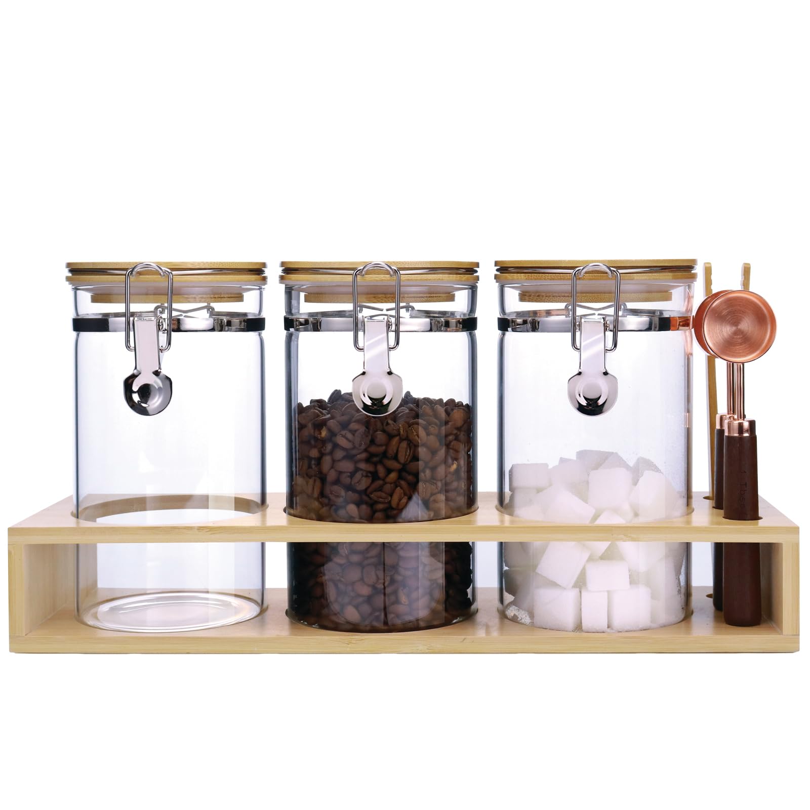 Matifaner Glass Coffee Storage Containers with Bamboo Shelf,Ground Coffee Holder Jars,Airtight Glass Countertop Storage Jar Canisters with Spoon for Coffee,Loose Tea,40 Fluid-oz,Pack of 3