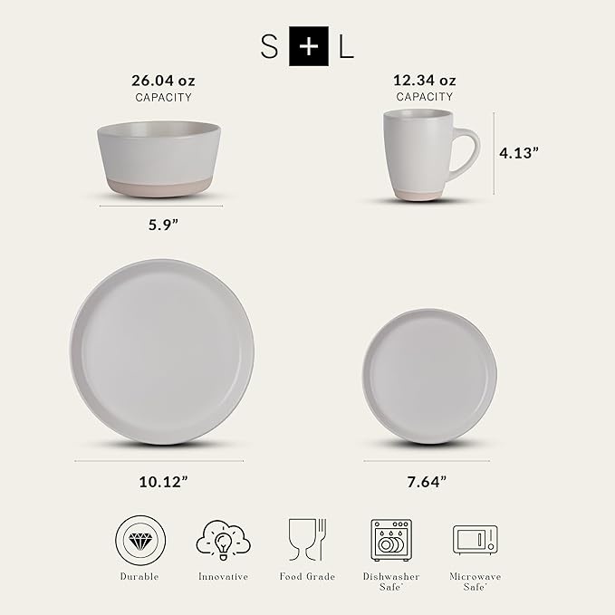 Stone Lain Jules Stoneware 16-Piece Dinnerware Set, Plates and Bowls, Service for 4, Off White, Microwave & Dishwasher Safe