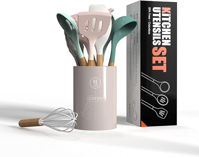 oannao Silicone Cooking Utensils Set - 446°F Heat Resistant Silicone Kitchen Utensils for Cooking,Kitchen Utensil Spatula Set w Wooden Handles, BPA FREE Gadgets for Non-Stick Cookware (Colorful)