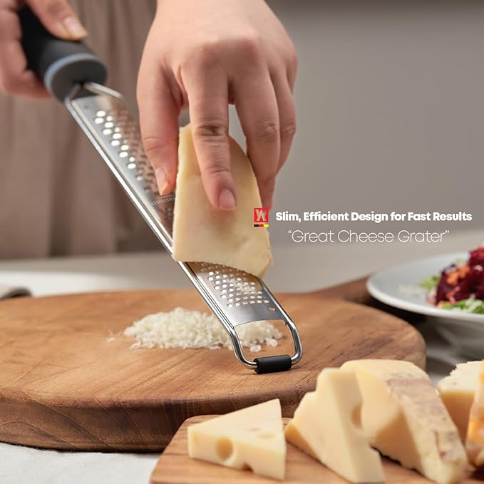 WAGENSTEIGER 2-in-1 Stainless SteelLong Cheese Grater Dual-Sided Fine & Coarse Blades Precision Zester for Lemon, Ginger, Cheese, Vegetables, Rust-Resistant, Ergonomic Handle (15.35" x 1.77")