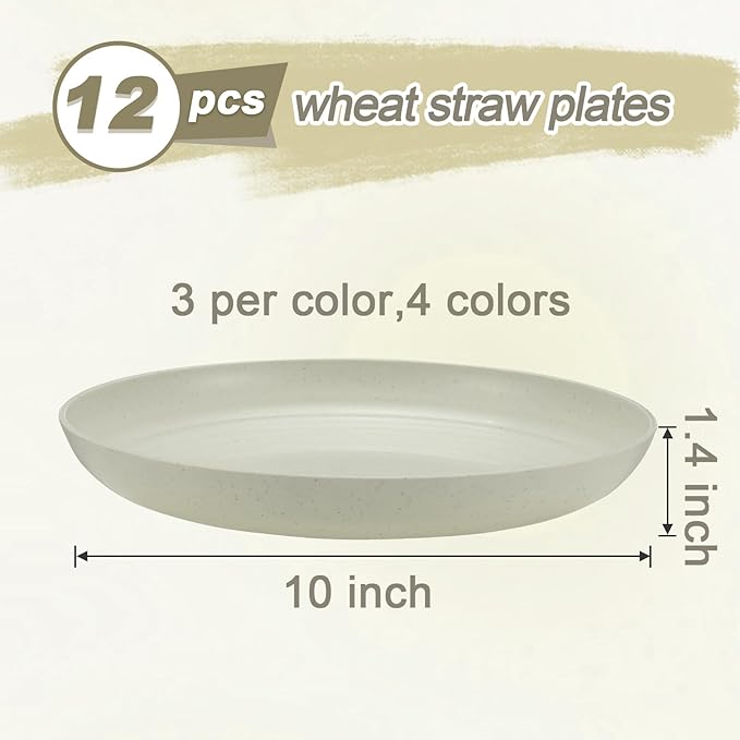HEYCOME 12 Pcs Unbreakable Deep Dinner Plates Set, 10 inch Reusable Plastic Wheat Straw Plates, Microwave and Dishwasher Safe Plate for Kitchen, Lightweight Plate for Dessert, BPA Free, 4 Colors