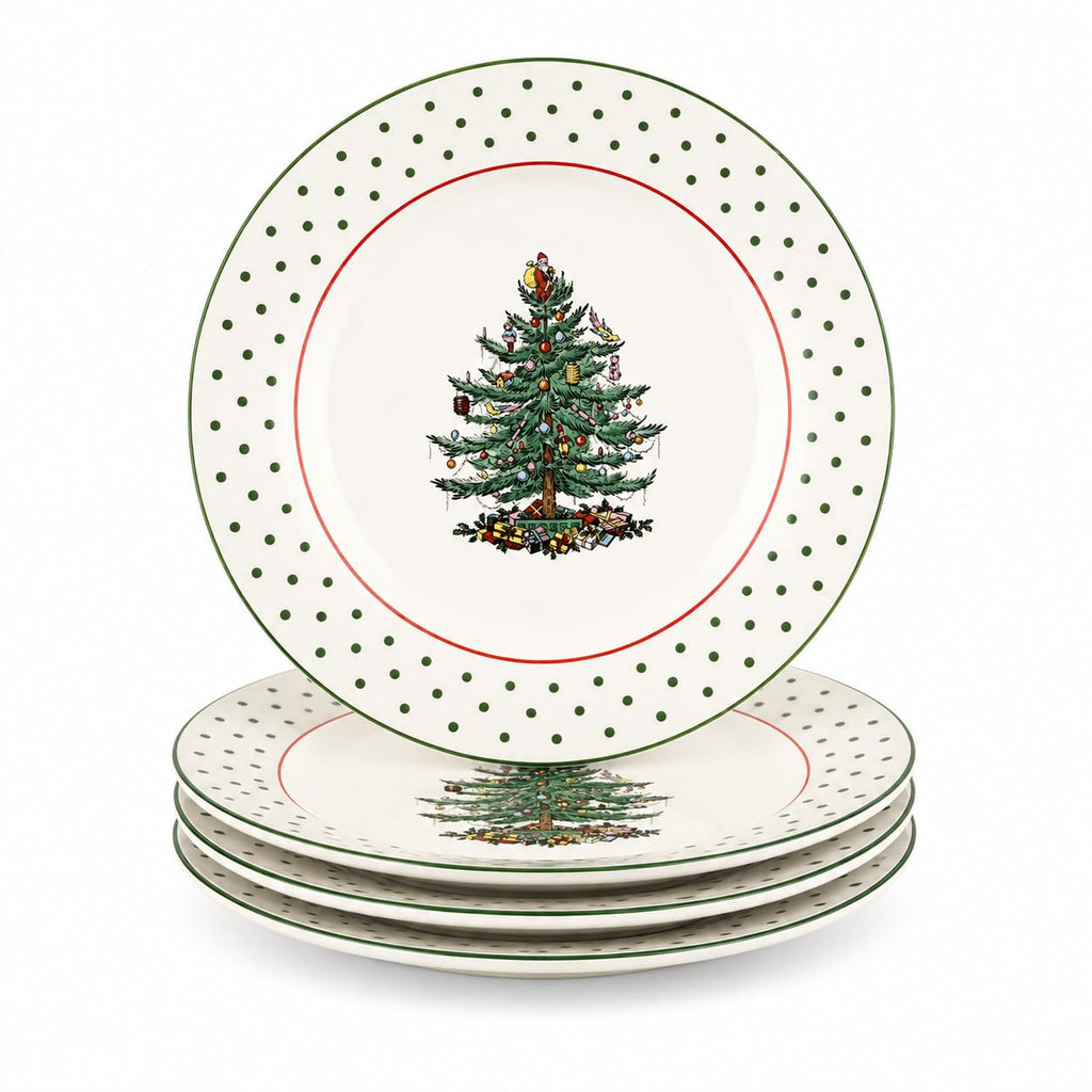 Spode Christmas Tree Polka Dot Dessert Plate (Set of 4) - Festive 8-Inch Stoneware Plates for Holiday Entertaining, Appetizers, Snacks - Microwave, Dishwasher, Freezer Safe Party Appetizer Dishes