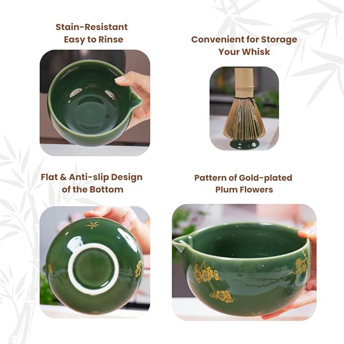 CyaLivoo Matcha Whisk Set, 8 Pcs Gold Plum Blossom Matcha Kit for Japanese Tea Ceremony, Ceramic Bowl with Spout, Bamboo Whisk, Spoon, Scoop, Sifter, Towel, Gift for Beginners and Matcha Lovers(Green)