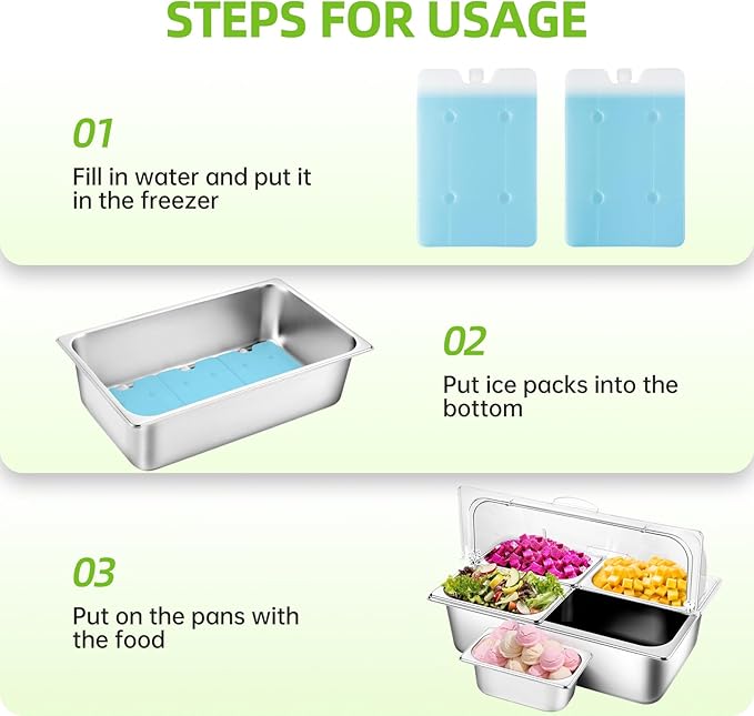 Tijvzk Stainless Steel Ice Food Serving Display Container 6 Pans 3 Ice Packs Cooled Condiment Dispenser Cold Serving Appetizer Buffet Organizer (4 Pans)