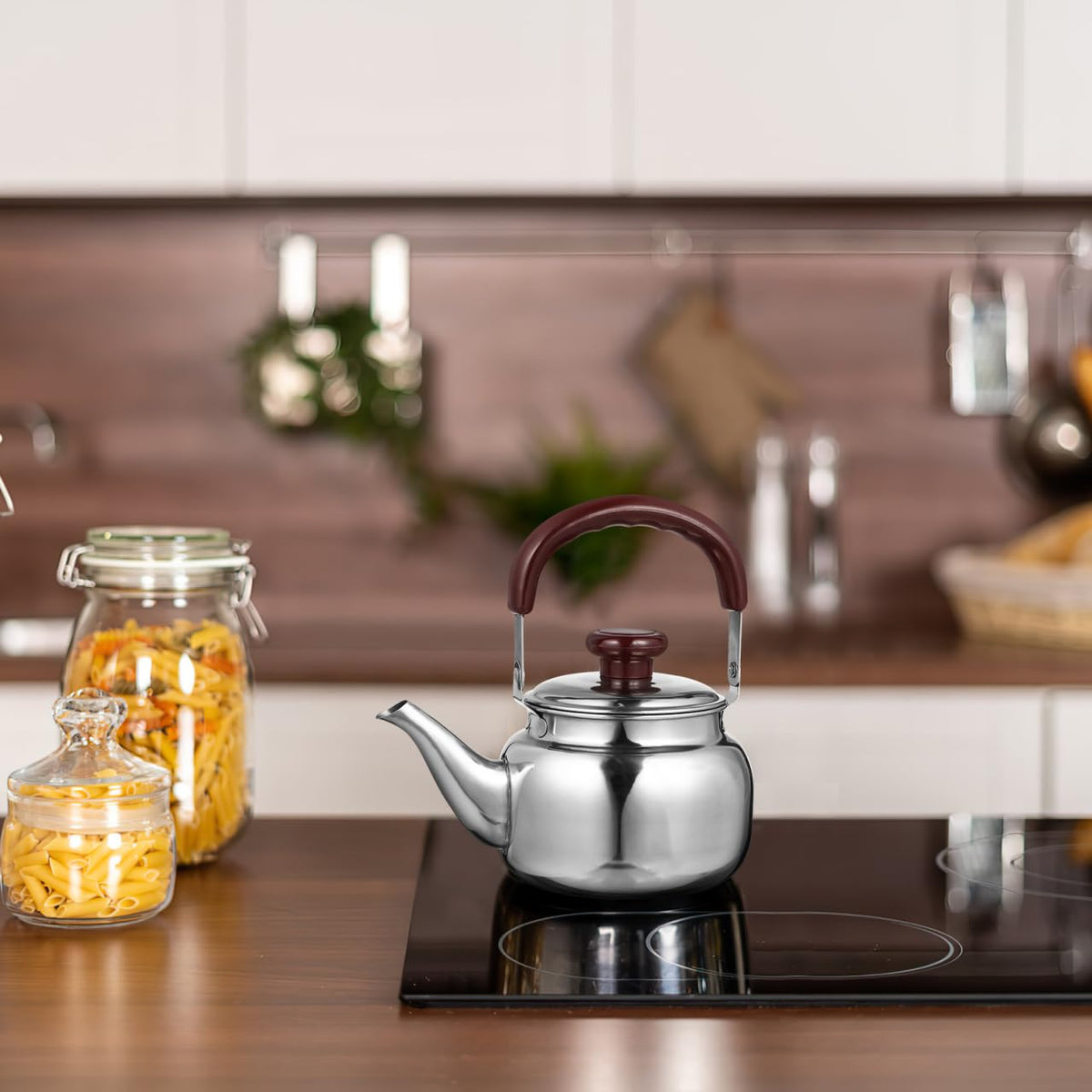LIFKOME Traditional Stainless Steel Heavy Duty Tea Kettle With Sandwich Bottom and Specialty Cool Touch Handling Mirror Finish Stainless Steel Whistling Tea Kettle Stove Top