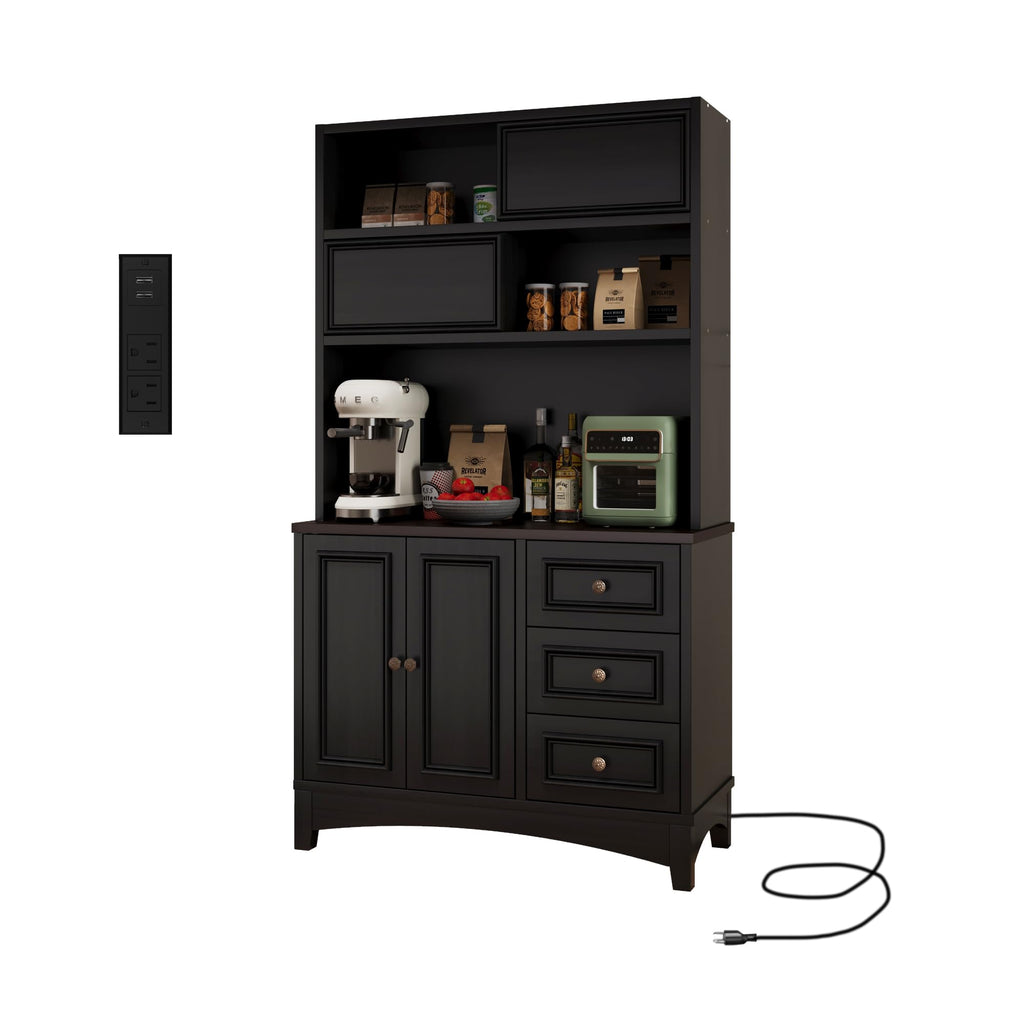 BOSHIRO 71" Black Pantry Cabinet with Charging Station, 4-Type Storage & Anti-Tip Design, Kitchen Cabinet with Sliding Door/Adjustable Shelves
