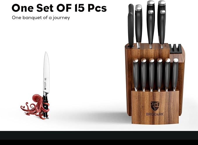 BRODARK 15Pcs High Carbon Stainless Steel Knife Set with Block, Ultra Sharp