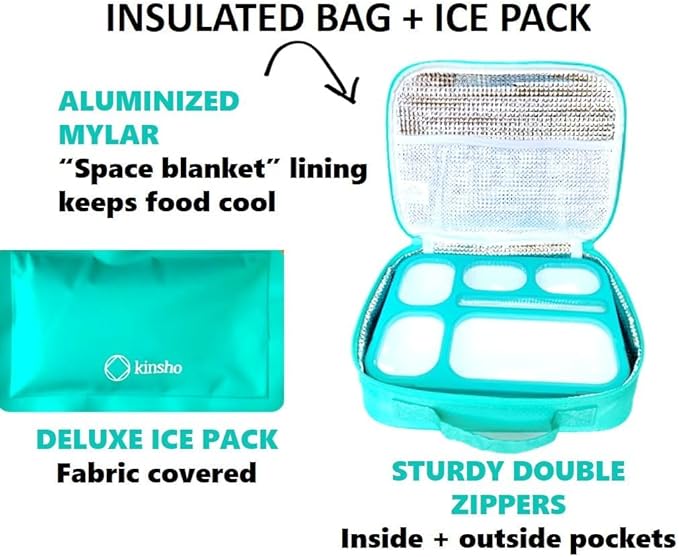 kinsho Bento Lunch Box, Ice Pack Insulated Bag for Kids, Boys, Girls, Teal