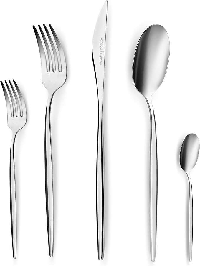 Karaca Lizbon - 18/10 Stainless Steel Silverware Set for 12, 60 Piece Heavy Duty Flatware Set, Dishwasher Safe Modern Cutlery incl. Kitchen Forks, Spoons, Knives Eating Utensils Sets - Platin