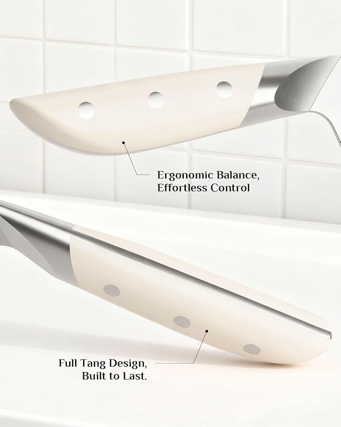 Haugo Kitchen Knife Set with Block: 14-Piece German Stainless Steel Full Tang Professional Knife - Comfortable Grip Reduces Hand Fatigue 30% - Dishwasher Safe & Sharpener - White Knife Set for Cooking
