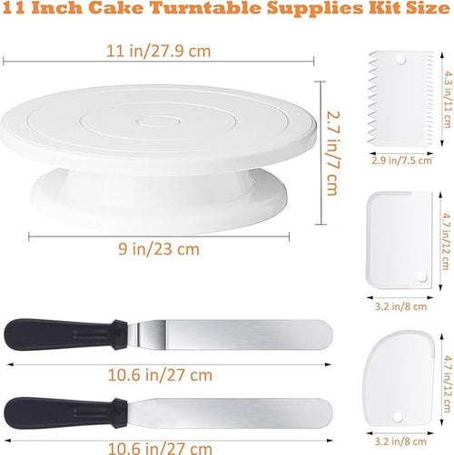 11 Inch Revolving Cake Stand Turntable, Cake Decorating Kit with 24 Icing Piping Tips, 3 Scrapers, 2 Spatulas, 1 Coupler and 1 Reusable Piping Bag, Baking Supplies for Beginners and Cake Lovers