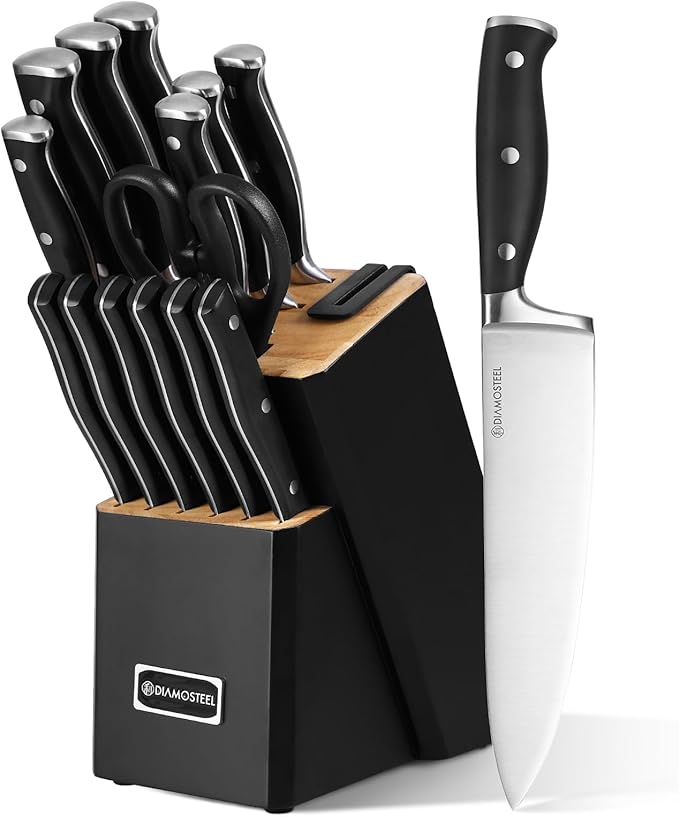 Black Knife Set with Block, 15Pcs Knife Block Set with Built-in Sharpener